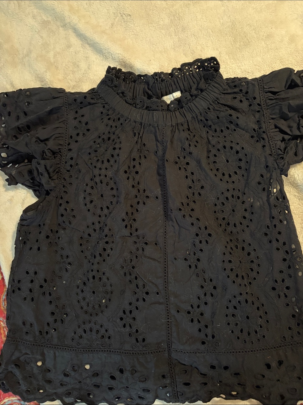 Women's Black Eyelet Flutter-Sleeve Blouse